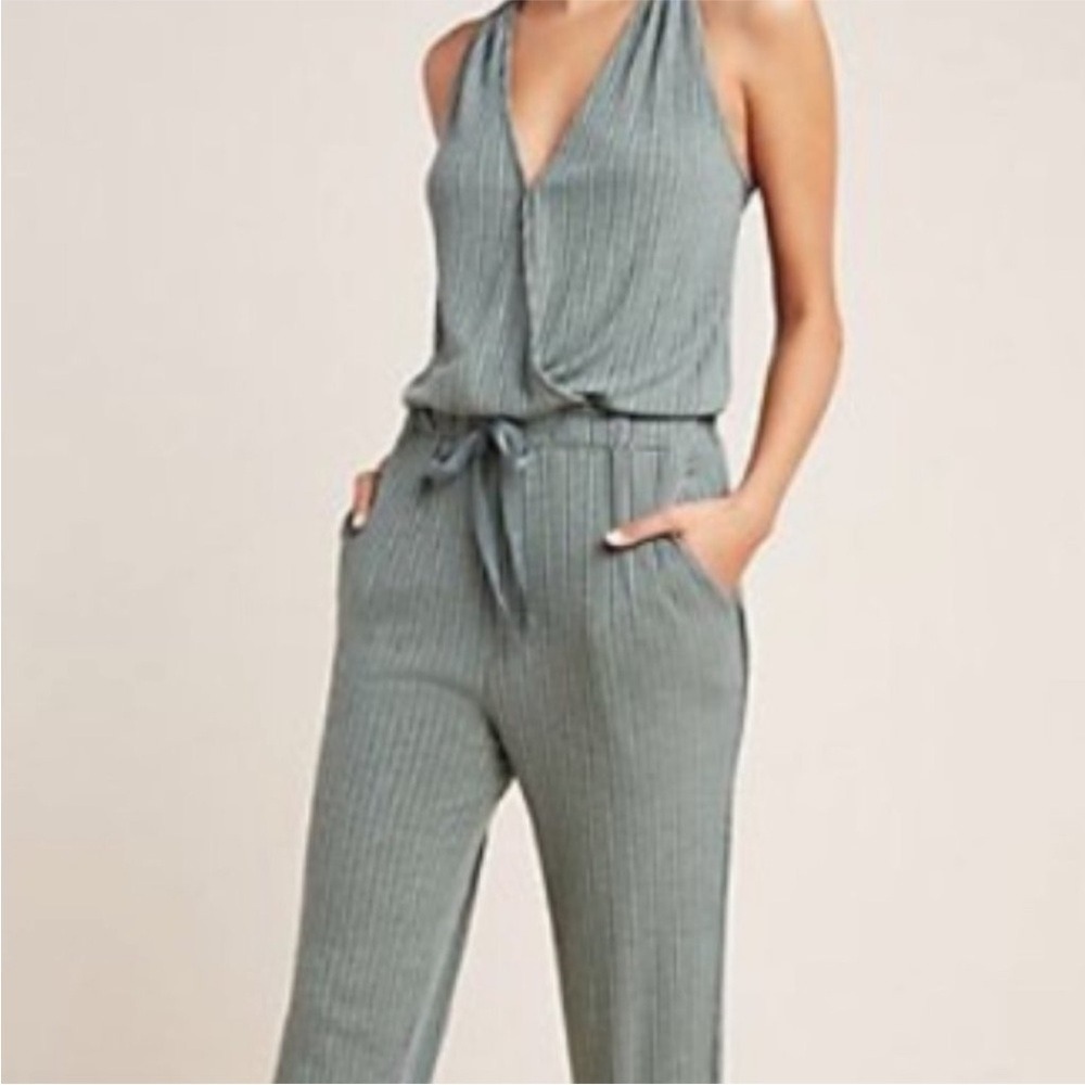 Saturday Sunday by Anthropologie Ribbed Halter Jumpsuit Sage Green‎ Drawstring S